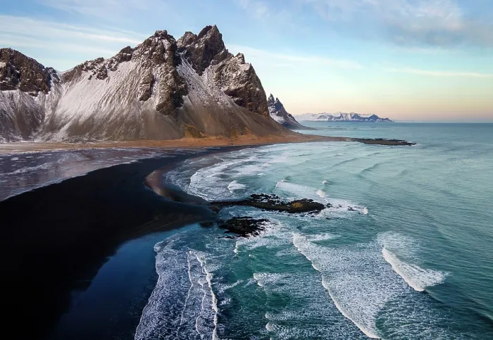 Framed Print : Aerial view of Vestrahorn and the black sand beach at Stokksnes, Southeast Icekand Framed Print : Aerial view of Vestrahorn and the black sand beach at Stokksnes, Southeast Icekand