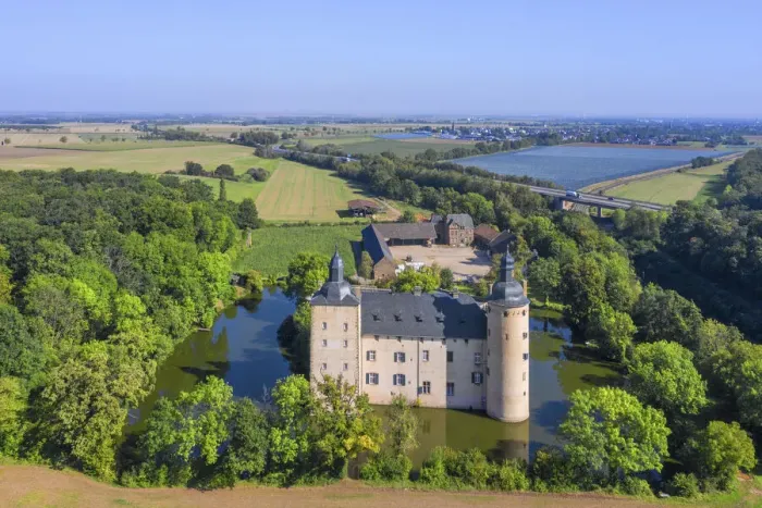 Framed Print : Aerial view on Veynau castle, Euskirchen, Eifel, North Rhine Westphalia, Germany Framed Print : Aerial view on Veynau castle, Euskirchen, Eifel, North Rhine Westphalia, Germany