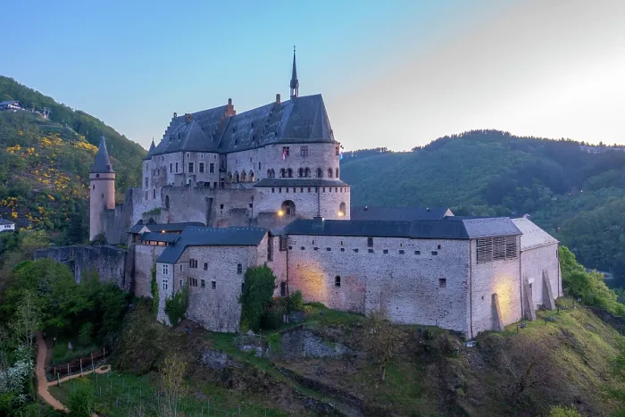 Framed Print : Aerial View at Vianden castle at dawn, canton Vianden, Luxembourg Framed Print : Aerial View at Vianden castle at dawn, canton Vianden, Luxembourg