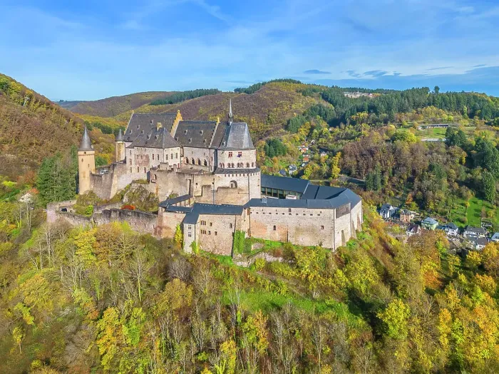 Framed Print : Aerial view at Vianden castle, Vianden, canton Vianden, Our valley, Luxembourg Framed Print : Aerial view at Vianden castle, Vianden, canton Vianden, Our valley, Luxembourg