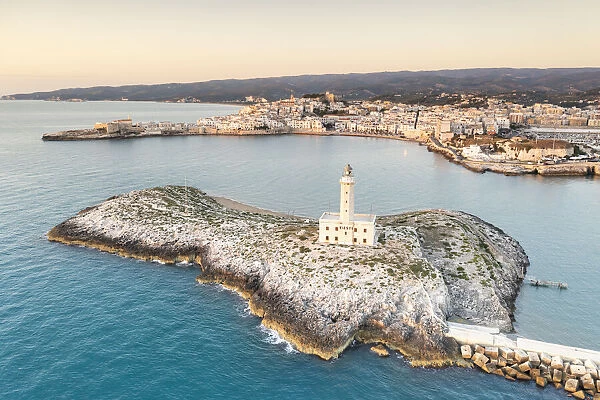 Aerial view of Vieste lighthouse on Sant Eufemia islet by the sea, Foggia province