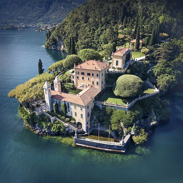 Aerial view of Villa del Balbianello. Como Lake. Italy