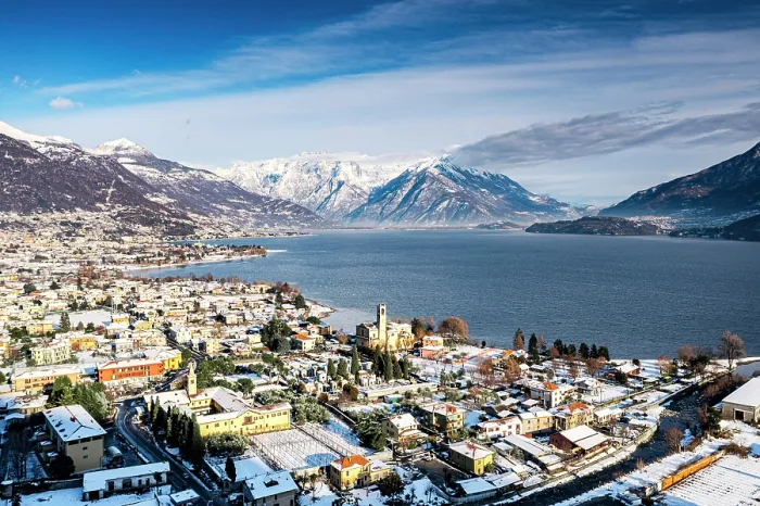 Framed Print : Aerial view of the village of Dongo covered with snow, Lake Como, Lombardy, Italy Framed Print : Aerial view of the village of Dongo covered with snow, Lake Como, Lombardy, Italy
