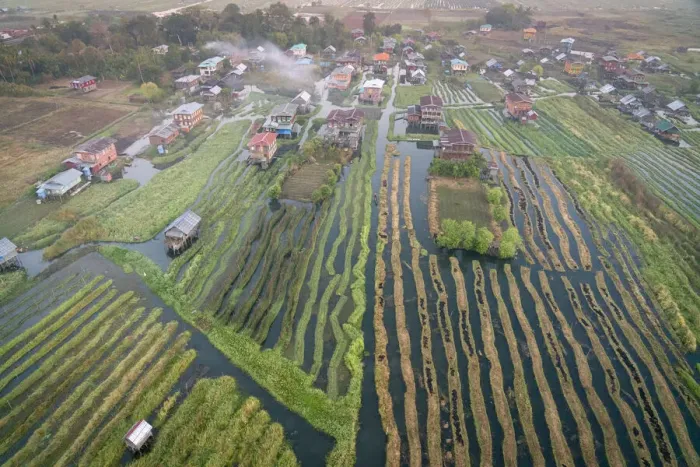 Framed Print : Aerial view of village and floating gardens before sunrise, Lake Inle Framed Print : Aerial view of village and floating gardens before sunrise, Lake Inle