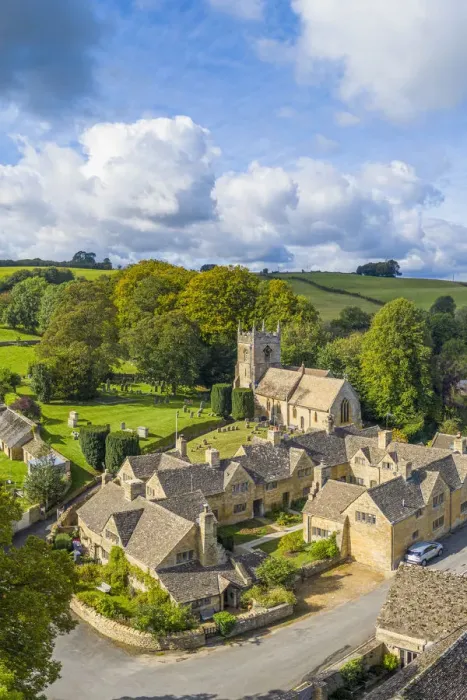 Framed Print : Aerial view over the village of Upper Slaughter in the Cotswolds, Gloustershire, England