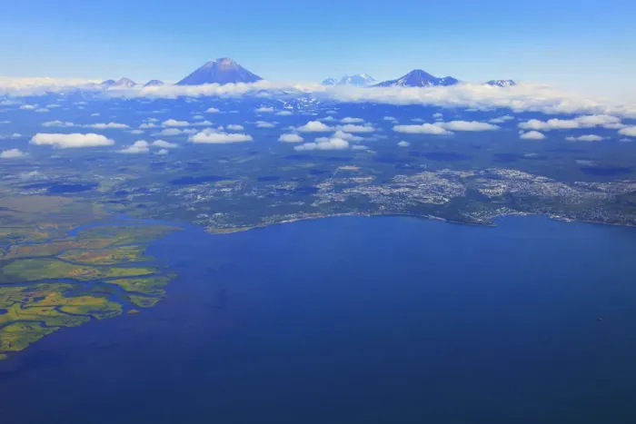 Framed Print : Aerial view of volcanos, Petropavlovsk-Kamchatsky, Sea of Okhotsk, Kamchatka Peninsula