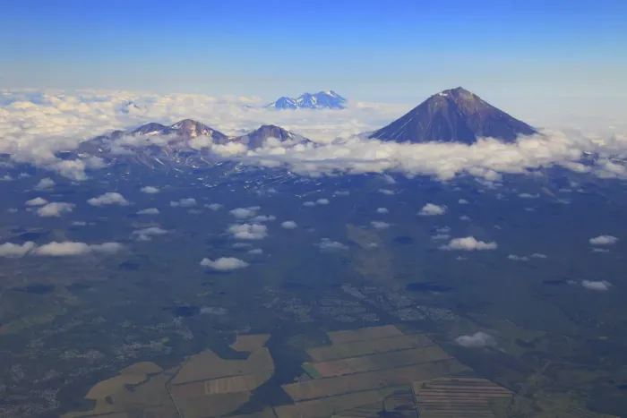 Framed Print : Aerial view of volcanos, Petropavlovsk-Kamchatsky, Sea of Okhotsk, Kamchatka Peninsula