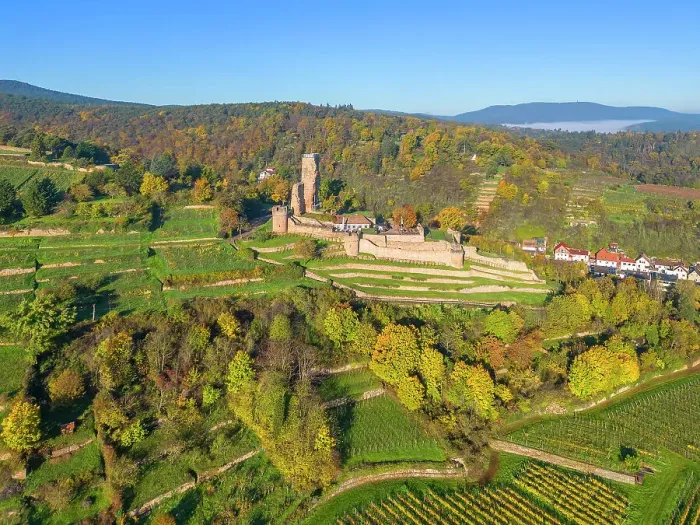 Framed Print : Aerial view at Wachtenburg castle, Wachenheim, Palatinate wine road, Rhineland-Palatinate, Germany Framed Print : Aerial view at Wachtenburg castle, Wachenheim, Palatinate wine road, Rhineland-Palatinate, Germany