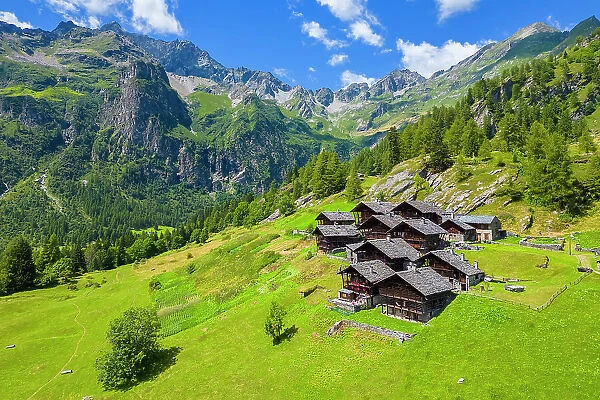 Aerial view of walser huts in Alpe Otro. Alagna, Valsesia, Vercelli province, Piedmont, Italy