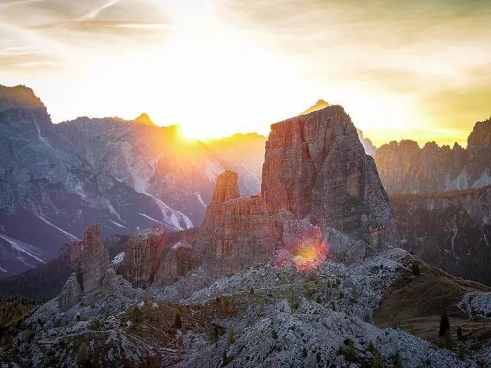Framed Print : Aerial view of the warm autumn sunrise over Cinque Torri mountains, Ampezzo Dolomites Natural Park, Belluno, Veneto, Italy Framed Print : Aerial view of the warm autumn sunrise over Cinque Torri mountains, Ampezzo Dolomites Natural Park, Belluno, Veneto, Italy