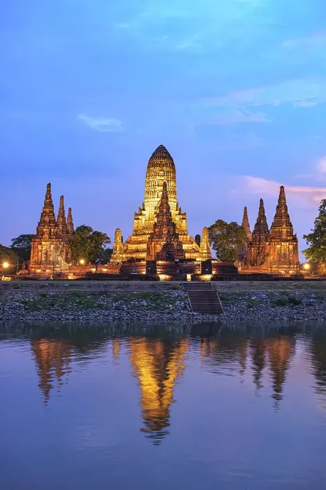 Framed Print : Aerial view of Wat Chai Wattanaram temple at dusk, Ayutthaya, Thailand