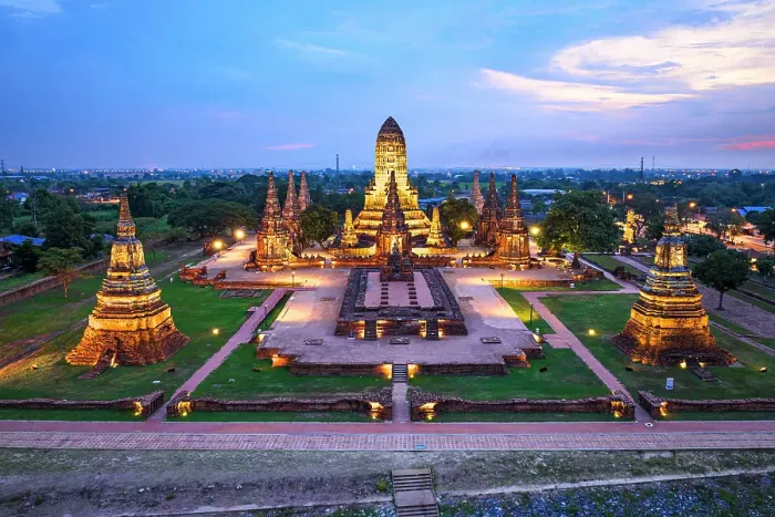 Framed Print : Aerial view of Wat Chai Wattanaram temple at dusk, Ayutthaya, Thailand