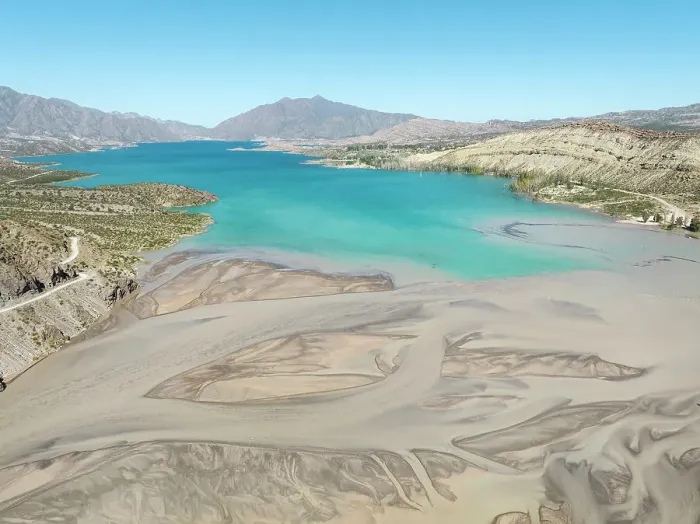 Framed Print : Aerial view of the waters of the Mendoza River blending into the Potrerillos Lake Dam, Andes Mountains, Lujan de Cuyo, Mendoza, Argentina Framed Print : Aerial view of the waters of the Mendoza River blending into the Potrerillos Lake Dam, Andes Mountains, Lujan de Cuyo, Mendoza, Argentina