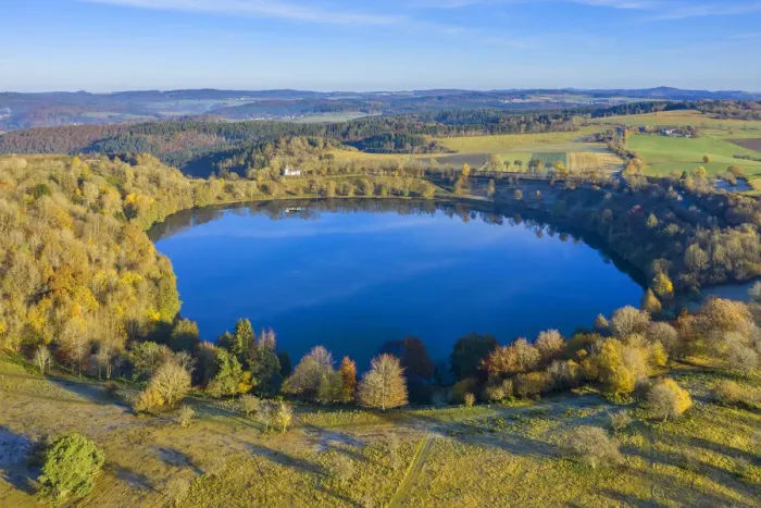 Framed Print : Aerial view at the Weinfelder Maar, Daun, Eifel, Rhineland-Palatinate, Germany Framed Print : Aerial view at the Weinfelder Maar, Daun, Eifel, Rhineland-Palatinate, Germany