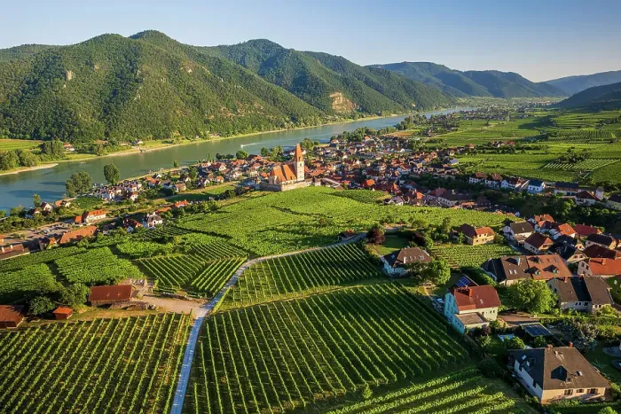 Framed Print : Aerial view of Weissenkirchen in der Wachau, Lower Austria, Austria