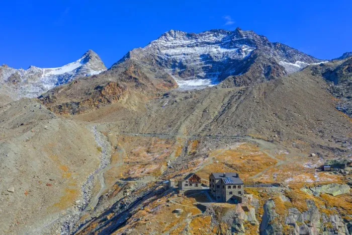 Framed Print : Aerial view on the Weissmies mountain hut and Fletschhorn and Lagginhorn, Ss-Grund, Valais, Switzerland Framed Print : Aerial view on the Weissmies mountain hut and Fletschhorn and Lagginhorn, Ss-Grund, Valais, Switzerland