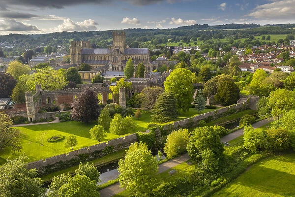 Aerial view of Wells Cathedral and Bishops Palace, Wells, Somerset, England