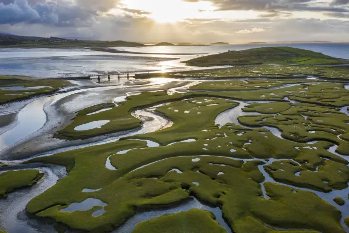 Framed Print : Aerial view of the wetlands of Mulranny, Achill Island, County Mayo, Connacht province Framed Print : Aerial view of the wetlands of Mulranny, Achill Island, County Mayo, Connacht province