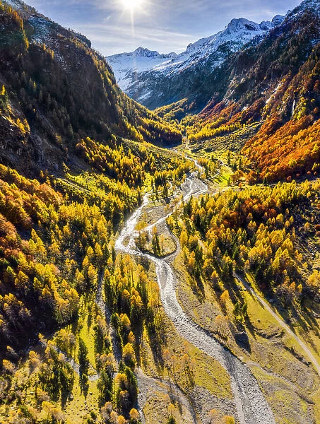 Aerial view of wild torrent in autumn. Val Bodengo(Bodengo valley), Valchiavenna