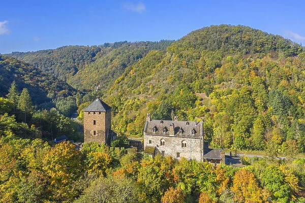 Aerial view at Wildburg castle, Treis-Karden, Mosel valley, Hunsruck, Rhineland-Palatinate, Germany