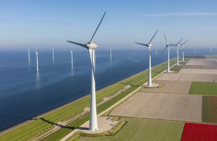 Framed Print : Aerial view of wind turbines at sea, North Holland, Netherlands Framed Print : Aerial view of wind turbines at sea, North Holland, Netherlands