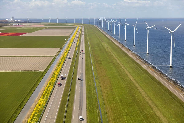 Aerial view of wind turbines at sea, North Holland, Netherlands