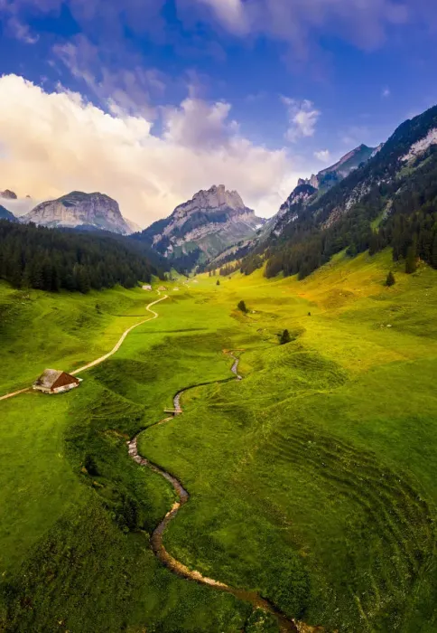 Framed Print : Aerial view of winding torrent. Canton of Appenzell, Alpstein, Switzerland, Europe