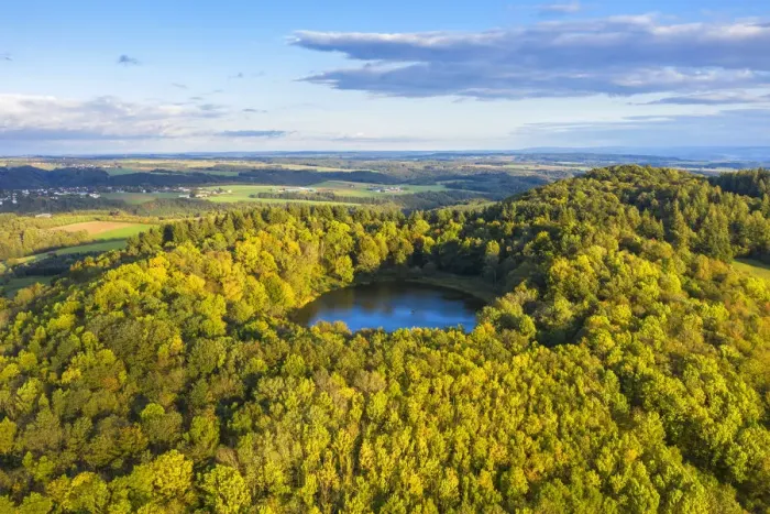 Framed Print : Aerial view on Windsborn volcanic crater lake, Eifel, Rhineland-Palatinate, Germany Framed Print : Aerial view on Windsborn volcanic crater lake, Eifel, Rhineland-Palatinate, Germany