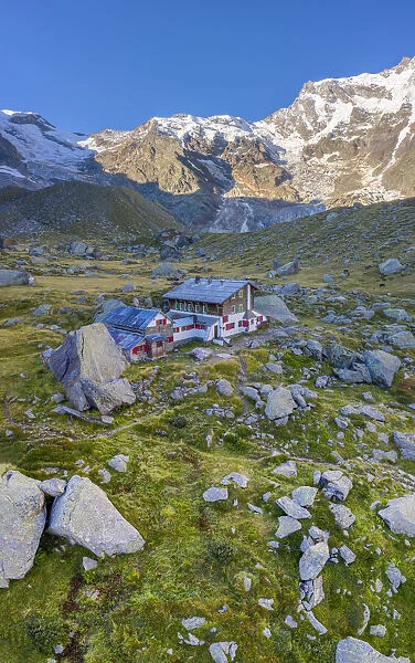 Aerial view of the Zamboni Zappa refuge and the east face of Monte Rosa massif