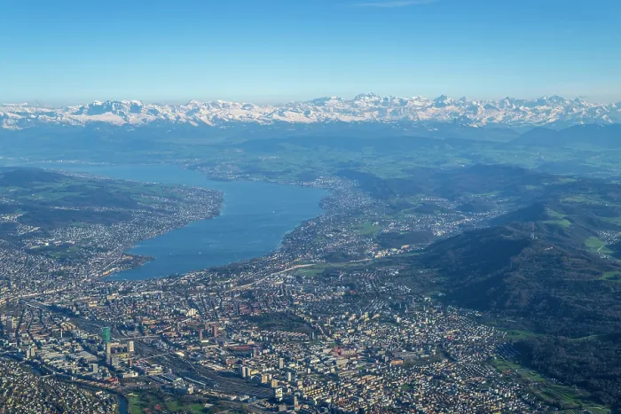 Framed Print : Aerial view of Zurich, Switzerland and its lake with snowy Alps in the background