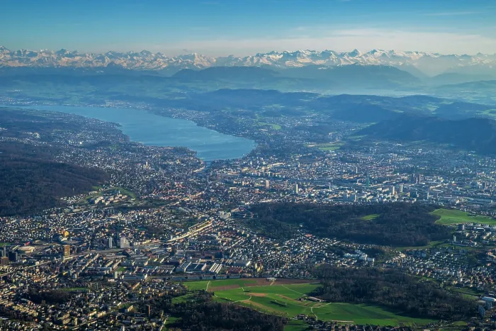 Framed Print : Aerial view of Zurich, Switzerland and its lake with snowy Alps in the background Framed Print : Aerial view of Zurich, Switzerland and its lake with snowy Alps in the background