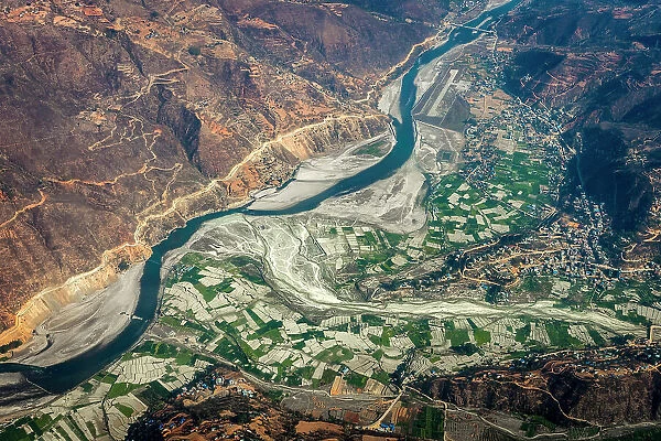 Aerial of villages and fields in the Kathmandu Valley, Nepal