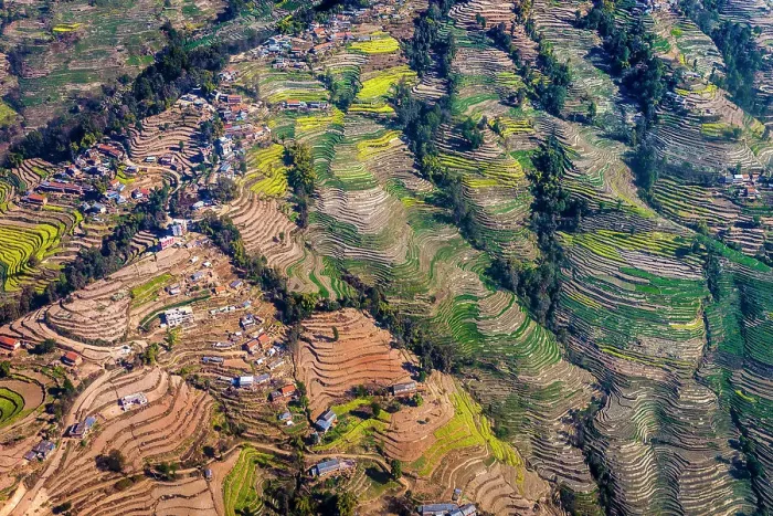 Framed Print : Aerial of villages and terraced fields in the Kathmandu Valley, Nepal Framed Print : Aerial of villages and terraced fields in the Kathmandu Valley, Nepal