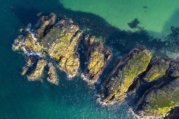 Aerial vista of Cornish coastline at Merope Rocks near Trevose Head, Cornwall, England