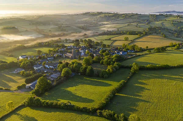 Aerial vista of the Dartmoor village of South Tawton at dawn, Devon, England