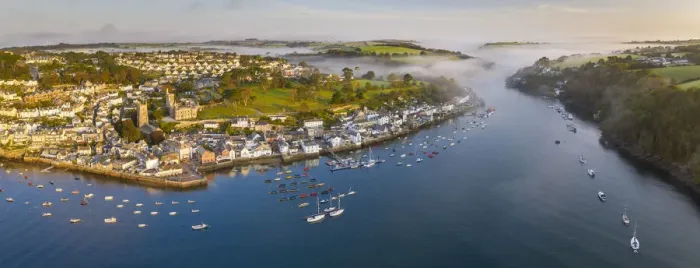 Framed Print : Aerial vista of Fowey and the Fowey Estuary at dawn, Cornwall, England