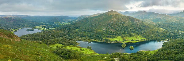 Aerial vista of Grasmere and Rydal Water in the Lake District National Park, Cumbria, England. Autumn (September) 2022