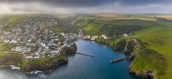 Aerial vista of Port Isaac on the North coast of Cornwall, England. Summer (August) 2020