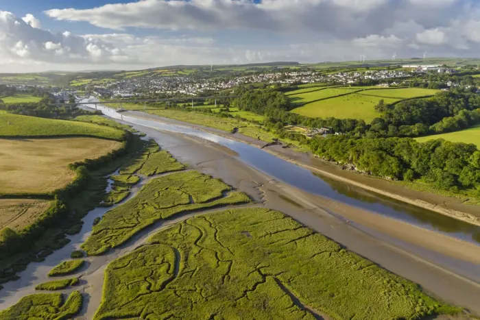 Framed Print : Aerial vista of the River Camel near Wadebridge, Cornwall, England. Summer (July) 2020 Framed Print : Aerial vista of the River Camel near Wadebridge, Cornwall, England. Summer (July) 2020