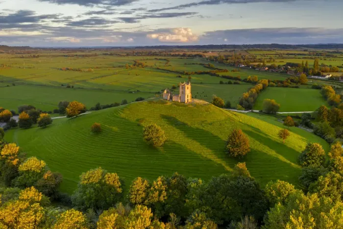 Framed Print : Aerial vista of the ruins of St Michaels Church on Burrow Mump, Burrowbridge, Somerset
