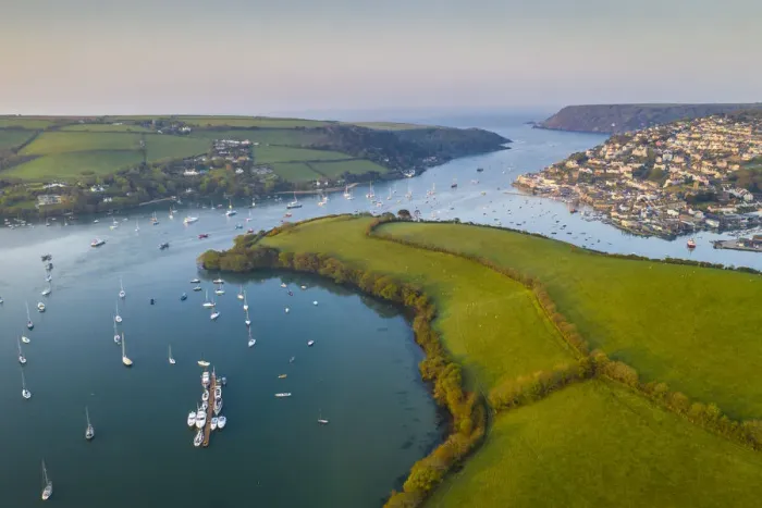 Framed Print : Aerial vista of Salcombe and the Kingsbridge Estuary at dawn, South Hams, Devon, England Framed Print : Aerial vista of Salcombe and the Kingsbridge Estuary at dawn, South Hams, Devon, England