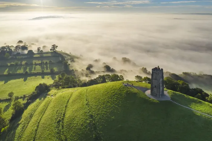 Framed Print : Aerial vista of St Michaels Tower on Glastonbury Tor, Somerset, England Framed Print : Aerial vista of St Michaels Tower on Glastonbury Tor, Somerset, England