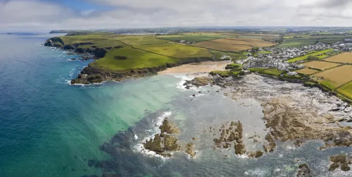 Framed Print : Aerial vista of Trevone Bay and Newtrain Bay, Cornwall, England. Summer (July) 2020