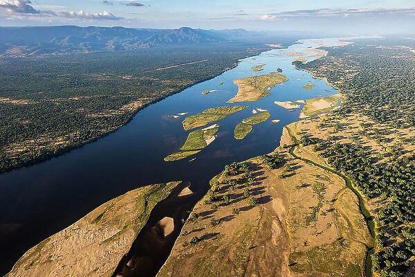 Aerial of Zambezi River. Zambia on left, Zimbabwe on right, Zimbabwe