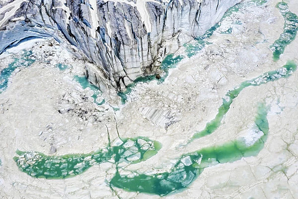 Aerial zenithal view of the summer thaw of Fellaria Glacier