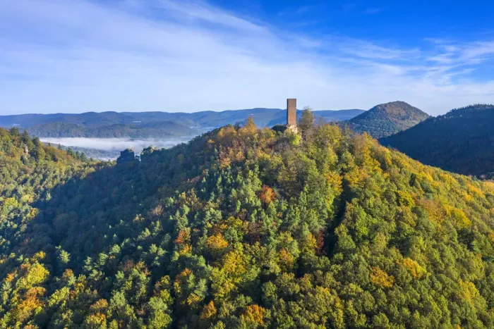 Framed Print : Aeriel view at Scharfenberg castle, Annweiler, Palatinate forest, Wasgau Framed Print : Aeriel view at Scharfenberg castle, Annweiler, Palatinate forest, Wasgau