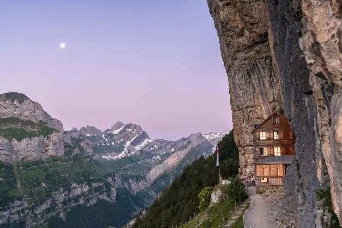 Framed Print : Aescher-Wildkirchli Gasthaus at dusk, Ebenalp, Appenzell Innerrhoden, Switzerland