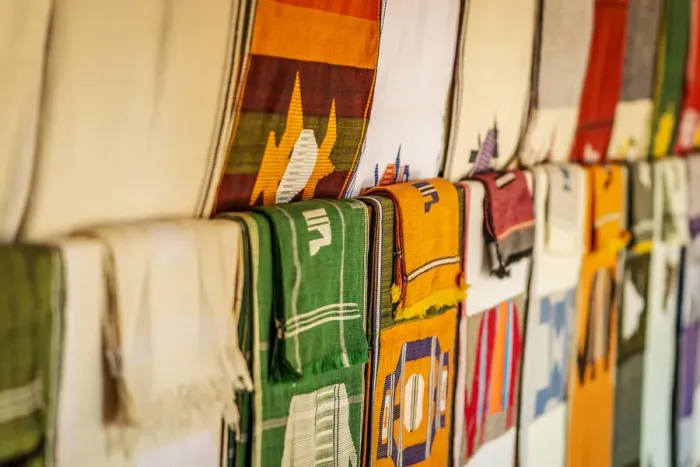Framed Print : Africa, Benin, Abomey. Woven tablecloths in the craftshops of Abomey Framed Print : Africa, Benin, Abomey. Woven tablecloths in the craftshops of Abomey