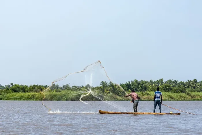Framed Print : Africa, Benin, Mono Department. Fishermen in a traditional canoe casting a net Framed Print : Africa, Benin, Mono Department. Fishermen in a traditional canoe casting a net