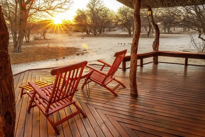 Framed Print : Africa, Botswana, Kalahari, Deception Valley lodge. the deck of one chalet at sunrise Framed Print : Africa, Botswana, Kalahari, Deception Valley lodge. the deck of one chalet at sunrise